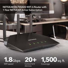 Load image into Gallery viewer, NETGEAR 4-Stream 6 Router (R6700AXS) ‚Äì with 1-Year Armor Cybersecurity Subscription - AX1800 Wireless Speed (Up to 1.8 Gbps) | Coverage up to 1,500 sq. ft., 20+ devices, AX WiFi 6 w/ 1yr Security
